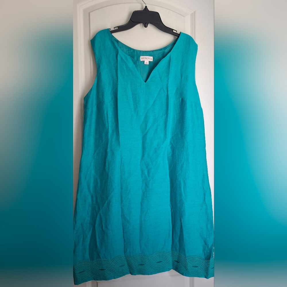 Merona Sleeveless Linen Nylon Dress Sz 14 Summer Party Embroidered Art Beachy